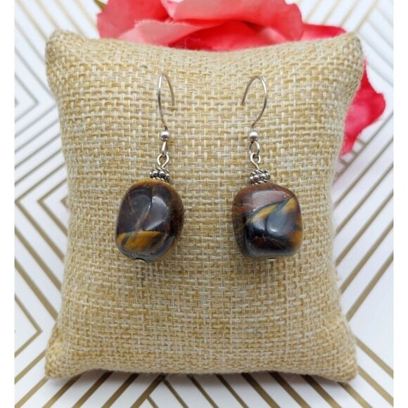 Lot of 2 Drop Dangle Natural Stone Pink & Tiger Eye Pierced Hook Earrings 1.25" - Picture 3 of 9